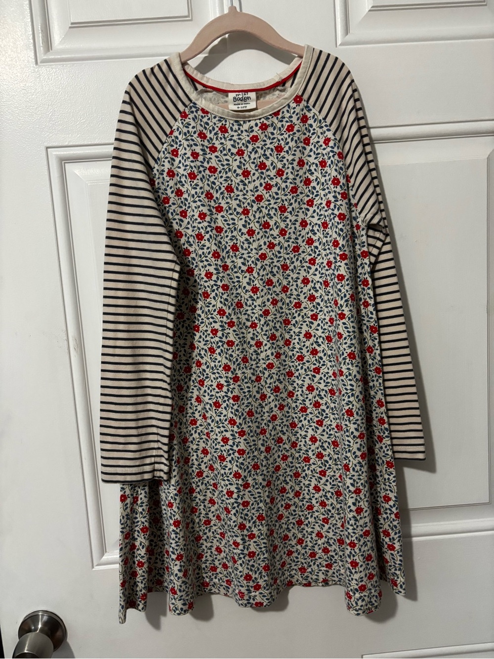 Mini Boden 9-10y dress long sleeve floral stripes a line cotton back to school